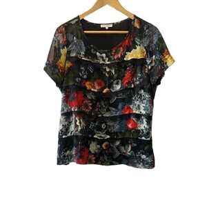 PLEIONE Black Lace Ruffle Floral Scoop Neck Short Sleeve Blouse Top S